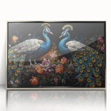Framed wall art featuring a vibrant peacock design with intricate details in silver accents, perfect for adding elegance to modern home decor.