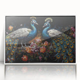 Framed wall art featuring a vibrant peacock design in rich colors, showcasing intricate details against a white background, perfect for home decor.
