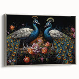 Framed wall art collection featuring vibrant peacock design on textured canvas, showcasing intricate details and a sleek silver frame, perfect for modern decor.