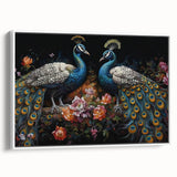 Framed wall art collection featuring a vibrant peacock design on canvas, showcasing rich blues and greens, set against a white background, perfect for enhancing home decor.