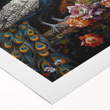 Vibrant rolled canvas art featuring an intricate peacock design with vivid colors, ideal for enhancing home decor, presented in protective packaging.