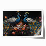 Vibrant peacock design wall art print showcasing intricate feather patterns in rich hues of blue and green, ideal for elevating home decor aesthetics.