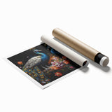 Vibrant peacock design wall art print featuring intricate patterns and rich colors, ideal for home decor, rolled for easy shipping and display.