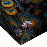 Close-up of a vibrant peacock design stretched canvas wall art, showcasing intricate details and vivid colors, perfect for enhancing home decor with a touch of elegance.