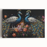 Vibrant peacock design wall art collection on stretched canvas, showcasing intricate feathers in rich blues and greens, perfect for enhancing living spaces.