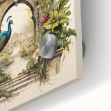 Close-up of a vibrant peacock design wall art piece featuring intricate details and rich colors, crafted from acrylic glass for a modern decor accent. Ideal for enhancing living spaces with a touch of elegance and wildlife-inspired artistry.