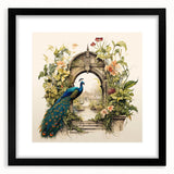 Framed wall art featuring an intricate peacock design in vibrant colors, showcasing detailed plumage against a sleek black mat, perfect for enhancing home decor.