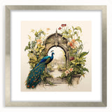 Framed wall art featuring a striking peacock design, showcasing vibrant colors and intricate details, set in a sleek silver frame with a mat, perfect for home decor.