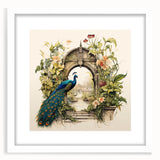Framed wall art featuring an elegant peacock design in vibrant colors, set against a white mat. Perfect for adding a touch of sophistication to any room decor.