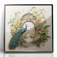 Framed wall art featuring a vibrant peacock design in rich colors, presented in a sleek black frame, perfect for adding elegance to any interior decor.