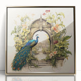 Framed wall art showcasing an elegant peacock design in vibrant colors, featuring gold accents and a sleek acrylic front, perfect for enhancing home decor.