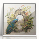 Framed wall art collection featuring a vibrant peacock design in acrylic, set against a crisp white background, perfect for enhancing modern home decor.
