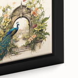 Close-up of a framed canvas wall art featuring an intricate peacock design in vibrant colors, showcasing detailed feathers and elegant patterns, perfect for home decor.
