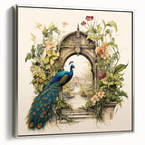 Framed wall art featuring a vibrant peacock design on textured canvas, elegantly displayed in a silver frame, ideal for adding a touch of elegance to modern home decor.