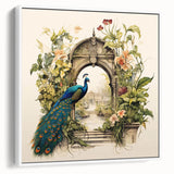Framed canvas wall art featuring an elegant peacock design, showcasing vibrant blue and green colors, displayed against a white background for a modern aesthetic. Ideal for enhancing home decor with a touch of nature-inspired elegance.
