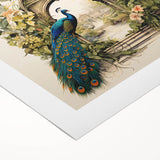 Vibrant rolled canvas featuring a stunning peacock design in rich blues and greens, ideal for enhancing home decor with its exotic elegance. Perfectly packaged for protection during shipping.