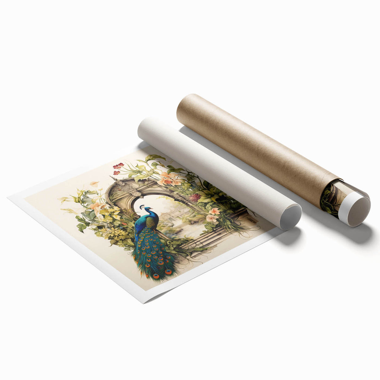 Vibrant peacock design wall art print on rolled canvas, showcasing intricate feather details and bold colors, ideal for enhancing home decor with an exotic touch.