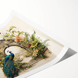 Vibrant peacock design wall art print showcasing intricate feather details in rich blues and greens, ideal for enhancing home décor. Perfect for art lovers and collectors.