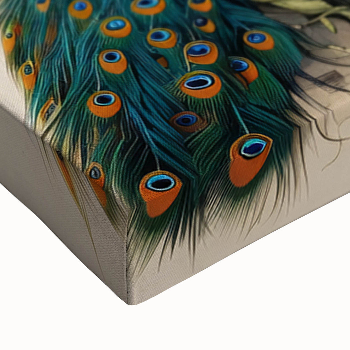 Close-up of a vibrant peacock design wall art canvas featuring intricate feather details and rich colors, ideal for enhancing modern home decor.