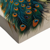 Close-up of a vibrant peacock design wall art canvas featuring intricate feather details and rich colors, ideal for enhancing modern home decor.