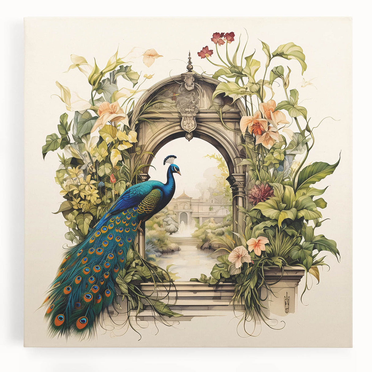 Vibrant peacock design stretched canvas wall art showcasing intricate feather details in rich blues and greens, perfect for enhancing modern decor.