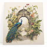 Vibrant peacock-themed wall art on stretched canvas, showcasing intricate feather details in rich blues and greens, perfect for stylish home decor.