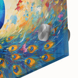 Close-up view of vibrant peacock wall art design on acrylic glass, showcasing intricate details and rich colors, ideal for enhancing home decor.