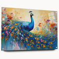 Vibrant peacock design wall art collection in acrylic glass, showcasing intricate details and vivid colors, displayed with stylish pins against a modern backdrop.