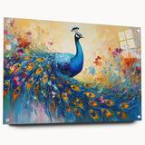 Vibrant peacock design wall art collection in acrylic glass, showcasing intricate details and vivid colors, displayed with stylish pins against a modern backdrop.