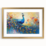 Elegant wall art featuring a peacock design in gold tones, framed with a matte finish, perfect for adding a luxurious touch to home decor. Ideal for nature and bird lovers.