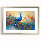 Peacock-themed wall art in an ornate silver frame, showcasing vibrant colors and intricate feather details, ideal for home decor and nature lovers.