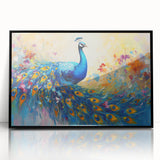 Framed wall art featuring a vibrant peacock design with intricate details, set in a sleek black frame, perfect for enhancing modern home decor aesthetics.