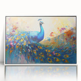 Framed wall art featuring a vibrant peacock design with intricate details in blue and green hues, set against a white background, perfect for home decor.