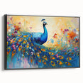 Framed wall art featuring a stunning peacock design on a textured canvas, presented in a sleek black frame, ideal for enhancing modern interior decor.