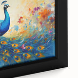 Close-up of a framed canvas wall art showcasing a vibrant peacock design with intricate feather details, ideal for enhancing modern home decor aesthetics.
