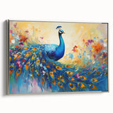 Framed wall art showcasing a stunning peacock design with vibrant colors and intricate details, elegantly displayed in a silver frame, ideal for home decor.