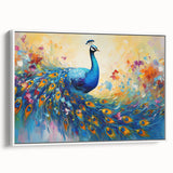 Framed canvas wall art showcasing an intricate peacock design in vibrant colors, with a sleek white frame, ideal for modern home decor and artistic expression.