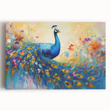 Vibrant peacock-themed wall art in a striking colorful design, featuring intricate details on a stretched canvas, perfect for enhancing home decor and artistic flair.