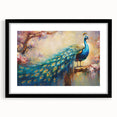 Framed wall art featuring an elegant peacock design in vibrant colors, set against a sleek black mat, perfect for enhancing modern home decor. Ideal for art lovers seeking unique decorative accents.