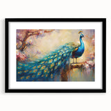 Framed wall art featuring an elegant peacock design in vibrant colors, set against a sleek black mat, perfect for enhancing modern home decor. Ideal for art lovers seeking unique decorative accents.
