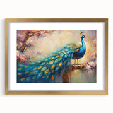 Elegant framed wall art featuring a vibrant peacock design with intricate details, set in a sleek gold frame, perfect for enhancing home decor and adding a touch of luxury.