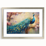 Elegant silver-framed wall art featuring a vibrant peacock design, showcasing intricate details and colorful plumage against a minimalist background, ideal for modern decor.