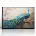 Framed wall art featuring a vibrant peacock design in shades of blue and green, set within a sleek black frame, ideal for home decor enhancement.