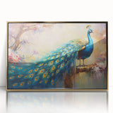 Framed wall art featuring a vibrant peacock design with intricate details and gold accents, perfect for adding elegance to any living space or gallery.