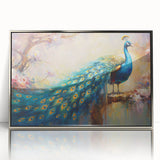 Framed wall art showcasing an elegant peacock design in vibrant colors, set against a silver acrylic background, perfect for enhancing contemporary home decor.