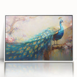 Framed wall art featuring a vibrant peacock design with intricate detailing, displayed in a sleek white frame, ideal for enhancing home decor. Perfect for bird lovers and art enthusiasts seeking colorful accents.