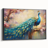 Framed canvas wall art featuring a vibrant peacock design in rich colors, showcased from a black side view, perfect for adding elegance to any space.