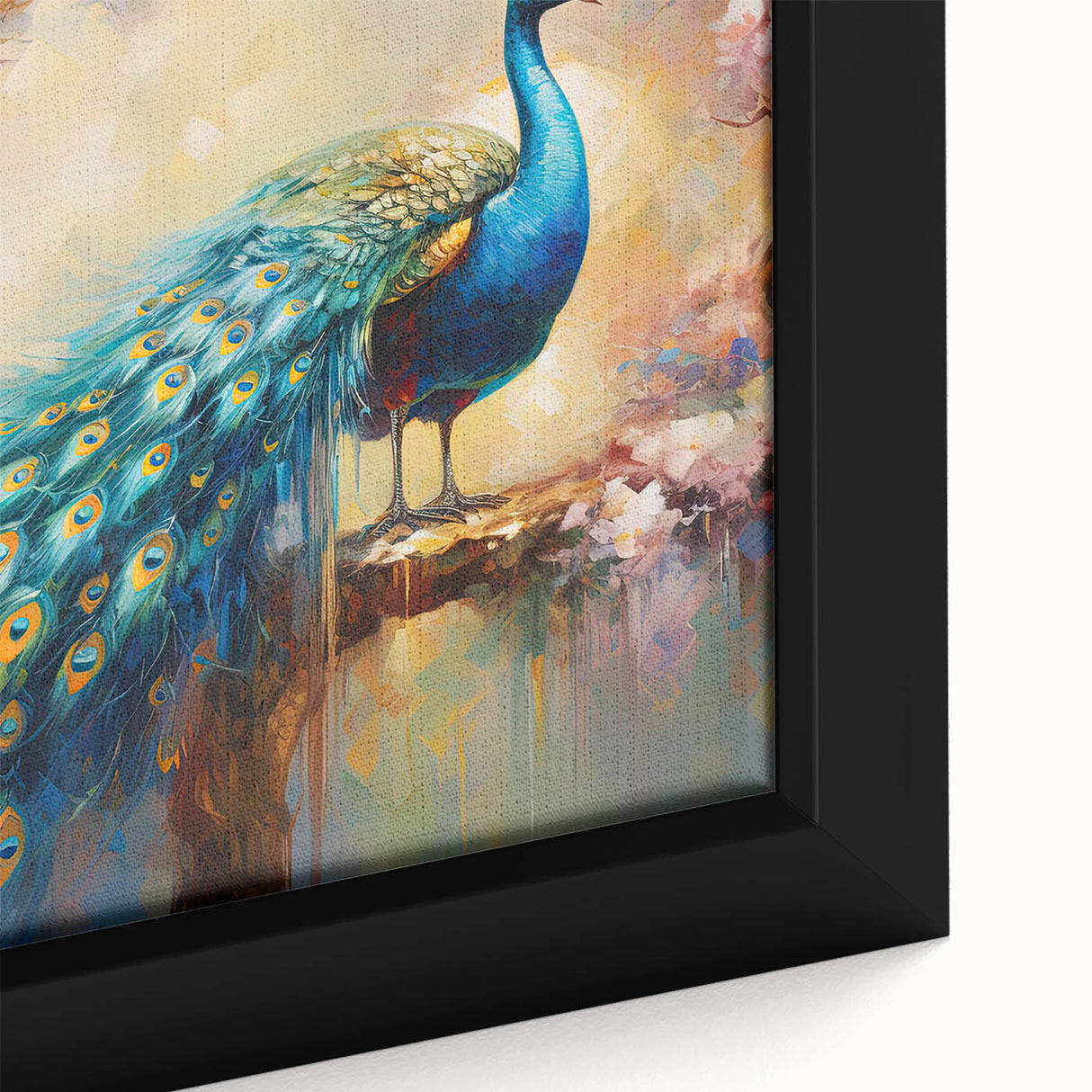 Close-up of a framed canvas wall art featuring a vibrant peacock design with intricate feather details, showcasing rich blues and greens, perfect for adding elegance to any decor.