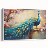 Framed canvas wall art showcasing an elegant peacock design in vibrant colors, displayed from the side against a white background, perfect for home decor.