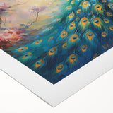 Vibrant peacock design wall art on rolled canvas, showcasing intricate feathers in blue and green hues, ideal for enhancing modern home decor. Perfect for art enthusiasts seeking unique decor pieces.